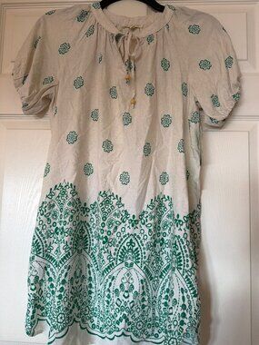 Fig + Flower Womens Boho Tunic Top PS Beige & Green Floral Rayon Linen Blend
